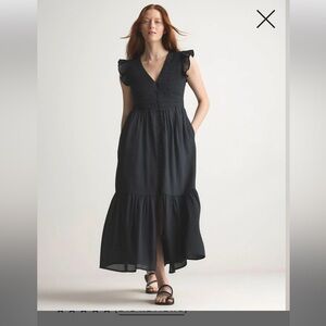NWT Quince Black Organic Textured Cotton Smocked V-Neck Midi Dress